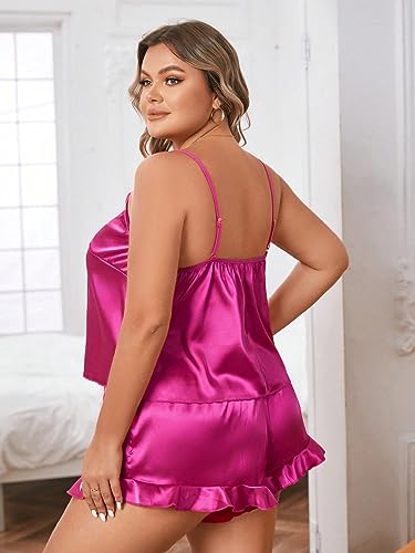 Image of SOLY HUX Women's Plus Size Silk Satin Pajama Set Cami Top and Ruffle Hem Shorts Lounge Sleepwear