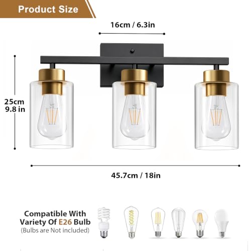 Image of IZORRO Bathroom Light Fixtures, Modern Vanity Lights, Bathroom Lighting Fixtures Over Mirror with Clear Glass Shade, Wall Sconce for Living Room Cabinet Bedroom (Black and Gold, 3-Light)