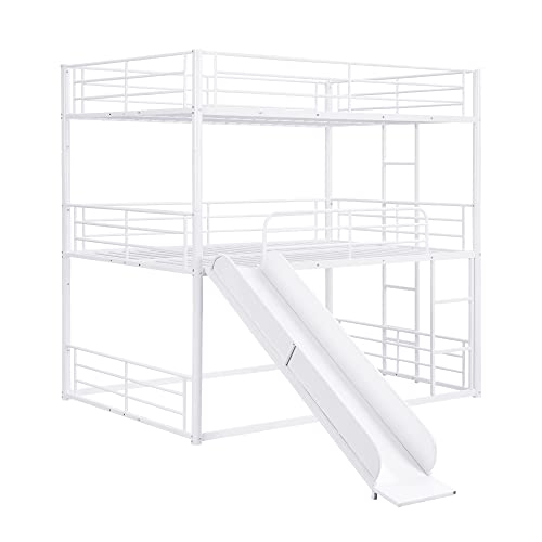Flieks Triple Bunk Bed For 3, Full Over Full & Full Size Bunk Bed With Ladder & Safety Guardrail, Divided Into One Platform And Loft Bed, Heavy-Duty Steel Frame Bunk Bed For Kids Teens Adults (White) #TOP3