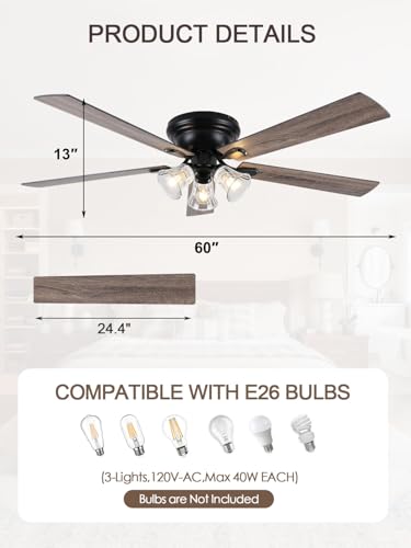 Image of 60 Inch Flush Mount Farmhouse Ceiling Fans with Lights and Remote