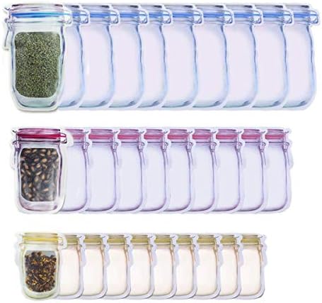 HAOT 30 Pack Mason Jar Zipper Bags - Reusable Airtight Seal Food ...