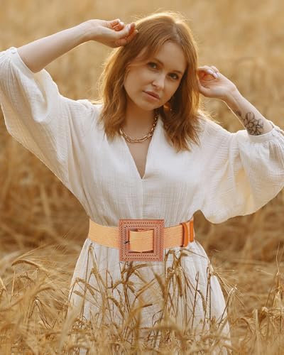 Image of WILLBOND 4 Pcs Women's Elastic Raffia Woven Belt, Boho Rattan Buckle Stretch Straw Wide Waist Belt for Dresses Jeans Pants