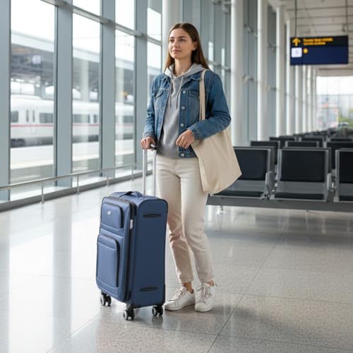 New York XPress 26" Luggage Softside Expandable 15% Checked Luggage with Double Spinner Wheels Combination LOCK,Lightweight Travel Suitcase for Men/Women（Blue,26in）