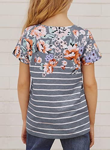 Dokotoo Big Girls Short Sleeve Shirts Sweat Striped Flower Print Colorblock Girls' Tops, Tees & Blouse Cute Twist Baby Kids T Shirt For Teen Girls Gray Size 6-7 #TOP2