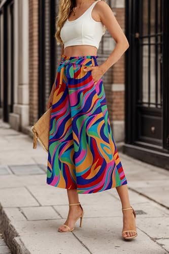 Image of IWOLLENCE Women Flowy Loose Wide Leg Pant Summer Beach Casual Trousers high Waist Adjustable Knot Business Work Casual Pants