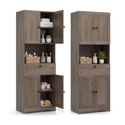 LIFEZEAL Armoire de Salle de Bain Haute, Meuble de Rangement 3 Niveaux en Bois avec 4 Portes, 1 Tiroir, Compartiment Ouvert, Étagère Réglable, Armoire...