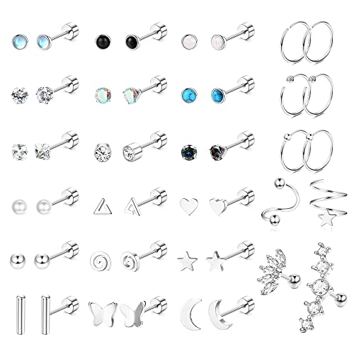 Diamday 23 Pares Pendientes de Acero Inoxidable para Mujeres Niñas Cartílago Pendientes Estrella Luna Corazón Ópalo Bola CZ Pendientes Flat Back Aros Tragus Daith Helix Pendientes Piercing Joyería Cover