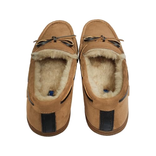 Cole Haan Cole Haan Men’s Microsuede Moccasin Slippers – Indoor-Outdoor Soft Plush Slip-Ons, Suede Upper, Faux Fur for Warmth, Golden Honey, 11