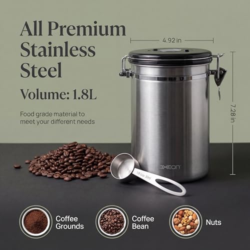 Image of AXEON Airtight Stainless Steel Coffee Canister with Scoop Spoon - 1800 ml | Coffee Bean Storage Container for Loose Leaf Tea, Coffee Beans | Storage Container with Exhaust Valve & Date Tracker