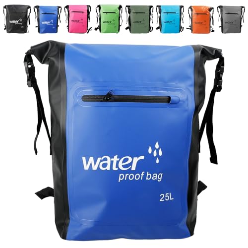 Image of MORAINJAY 25L Waterproof Backpack with Pocket,Large Captity Blue Dry Bag with Long Adjustable Shoulder Strap,500D PVC Reinforced Design Dry Sack for Camping,Swimming,Hiking&Outdoor Adventures