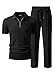 JMIERR Mens Two Piece Short Sets Beach Outfits Summer Cruise Waffle Quater Zip Polo Shirts Casual Loose Pant Vacation Fashion Outfits, L, Black