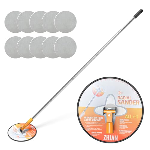 ZHJAN Lijadora de Poste de Yeso, Cabeza Radial de 9 Pulgadas y 360°, con Mango Extensible y 10 Hojas de Lija (80/100/120/180/240) para Paredes y Techos