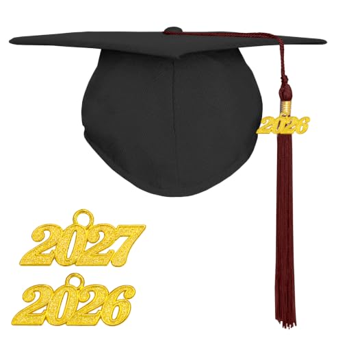 Adult Matte Graduation Cap with 2026 & 2027 Year Charms Black-Maroon