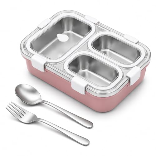 Image of Misamo Enterprise Stainless Steel Lunch Box for Kids & Adults, 3 Compartment Lunch Box, Leak Resistant Food Grade Tiffin Box with Spoon & Fork, BPA Free (Pink)