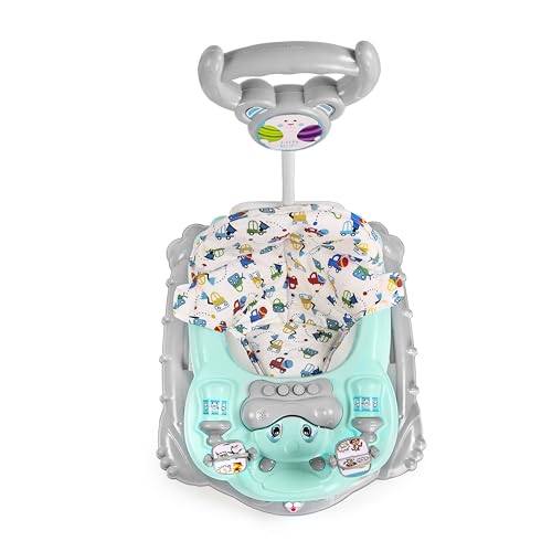 Image of BabyGo Jonny Walker for 6-24 Months, Baby Walker with Push Handle & Activity Tray - Foldable Adjustable Height Infant Walker with Wheels, Music,Toy Bar and Comfotable seat (Blue-Grey)