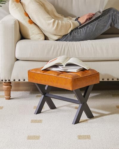 Image of IBUYKE Small 12 inch H Footrest Stool, Square PU Foot Stool with Metal X-Leg, Multi-Use as Small Side Table, Step Stool for Living Room, Bedroom, Entryway, Office, Light Brown WBD012J