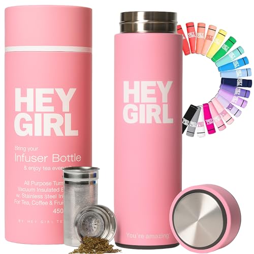 Hey Girl Tea Infuser Bottle 450ml - Insulated Stainless Steel Water Bottle - Tea Tumbler with Tea Diffuser - Portable Travel Mug for Loose Leaf Tea & Infused Water - Tea Lovers Gifts for Women (Pink)