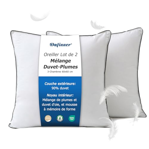 Dafinner 3 Chambres Oreiller 60 × 60 cm Lot de 2, 90% Duvet Chambres ext. Mélange Plumes Chambres int., Oeko-TEX Downpass Soutien Moyen Coton Biologique