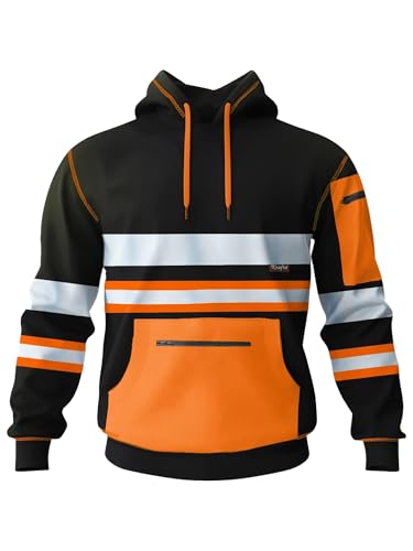 kraftd Mens Hi Vis Hoodie High Viz Hooded Sweatshirt Workwear Hoody with Reflective Tape Black/Orange