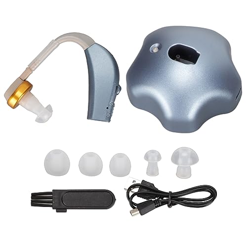 Aurikall blue knob-controlled sound amplifier with five silicone tips — shows the single turn dial that replaces buttons and modes