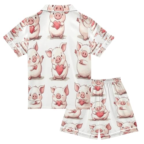Satin Pajama Sets Short Sleeve Cute Piggy Love Pattern Button Down Silky Nightwear 2 Piece PJS 5-14Y2
