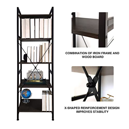 Ogcau Bookcase And Bookshelf 5 Tier Display Shelf, Industrial Bookshelf With Metal Frame, Freestanding Storage Shelves, Narrow Bookshelf For Home Office, Vintage Industrial Style, Black #TOP5