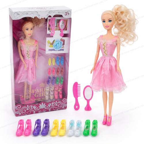 Image of SHAKTISM Doll Set for Girls with Makeup, Dress, Accessories, Comb and Mirror, Sandle Set Multicolor, 3 Years and Up (Sparkle Girl Doll)