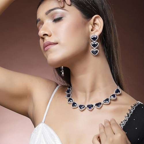 Image of ZENEME Rhodium Plated Silver Toned Triangular Shaped American Diamond Studded Jewellery Set For Women and Girl