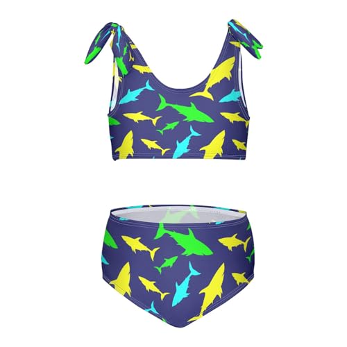 Teal Blue Green Yellow Sharks Girls Swimsuits 2 Piece Swimwear Bikini Set Beach Bathing Suit for Summer Girl Kids 11-12T