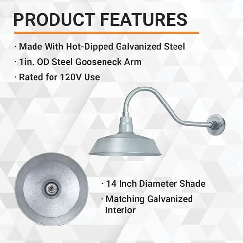 Image of 14in. Galvanized Finish Outdoor Gooseneck Barn Light Fixture With 22in. Long Extension Arm - Wall Sconce Farmhouse, Vintage, Antique Style - UL Listed - 9W 900lm A19 LED Bulb (5000K Cool White)
