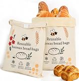 LDJRCP 2 Pack Beeswax Bread Bags for Sourdough Homemade Bread, XL Reusable Bread Storage Bag, Organic Waxed Line and Linen Fabric Bread Bag for Home Bakers, Picnics Work or Gift-Giving