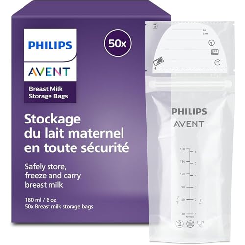 Philips AVENT Breast Milk Bags - Pre Sterilized for Storing Breast Milk in Fridge or Freezer, BPA Free, Leak Proof, Easy Filling and Storage, 180ml, 50 Bags, SCF603/50
