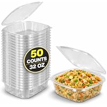 Deli Containers with Hinged Lids, Clear PET Plastic, 32 Ounces, 50 Count, Clamshell, Rectangular, Leak-Resistant
