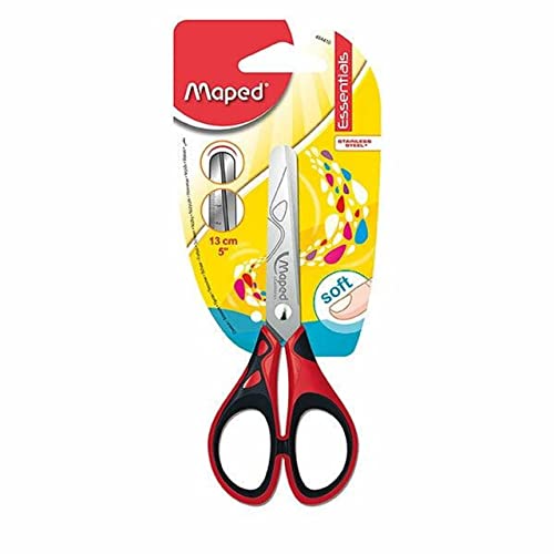 Maped - Tijeras Escolares - Essentials Pulse Soft 13 cm - Tijeras Infantiles - Puntas Redondeadas - Hojas Graduadas en cm - Agarre Cómodo y Suave - 3 Diseños Diferentes