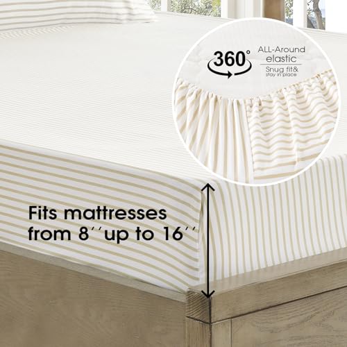 FreshCulture Full Size Bed Sheets - Ultra Soft Striped Sheets - Brushed Microfiber - Deep Pockets up to 16" - Easy Care - Hotel Luxury 4 Piece Striped Sheets Full, Stripe Beige by FreshCulture - Image 3