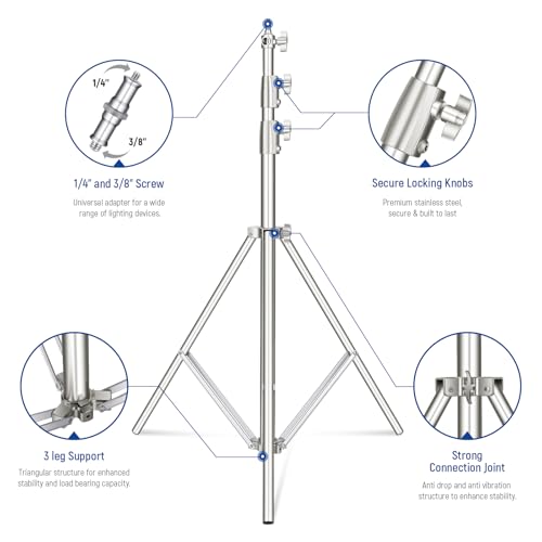 Image of NEEWER 2Pcs 9.2ft Stainless Steel Light Stands, Spring Cushioned Heavy Duty Photography Tripod Stand with 1 /4 inch-3 /8 inch Adapter for Strobe Video Ring Light Monolight Softbox, 22lb Max Load, ST-280SS