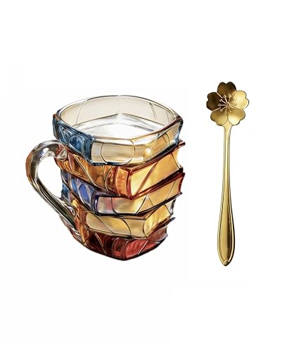 RZXSCDD chapter book mug,with a spoon colorful glass with overlay design 3D painted glass cup,book coffee mug,gift for book lovers,and other women