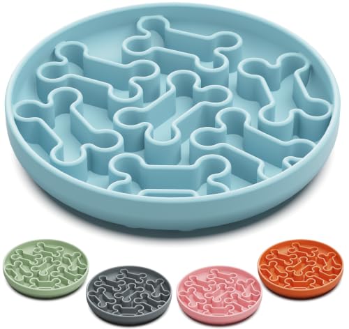 AXEFUN Silicone Slow Feeder Dog Bowl – Sky Blue Bone Pattern | Food-Grade Non-Slip Dog Dish for Anti-Bloat, Fast Eating Prevention, 7.5” x 1.5”, Dishwasher Safe