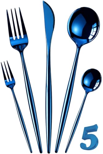 Image of Slim Handle Blue 5 Pcs Stainless Steel Cutlery Set for Dining Table, Dishwasher Safe Glossy Flatware (1 Spoon Set+1 Forks Set+1 Butter Knife+1 Dessert Spoon+ 1 Fruit Fork)