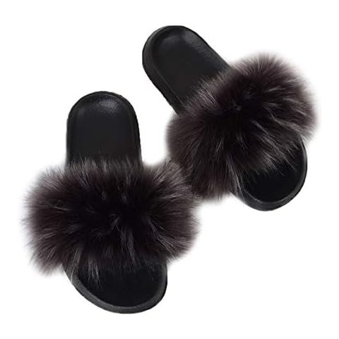 Womens Faux Fur Sliders Flat Slippers Fluffy Slip On Shoes Ladies House Slides Outdoor Dark Grey Cover
