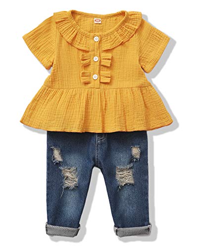 Toddler Girl Outfit 12-18 Months Baby Girl Clothes Orange Ruffle Linen T-Shirt Ripped Jeans Long Pants Infant Clothing Set