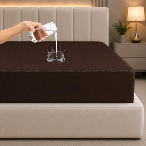 Image of La Verne 100% Waterproof Premium Cotton Feel Mattress Protector King Size 78 x 72 Inches | Breathable and Hypoallergenic Ultra Soft Fitted Bed Protector Cover (Dark Brown, King, Terry Fitted)