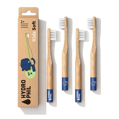 Hydrophil 4x Kinderzahnbrüsten extra weich aus Bambus, mit dem Elefant von 'Sendung mit der Maus', Bambuszahnbürste für Kinder, runder Griff, Zahnbürste Kinder ab 3 Jahren, Kids Toothbrush