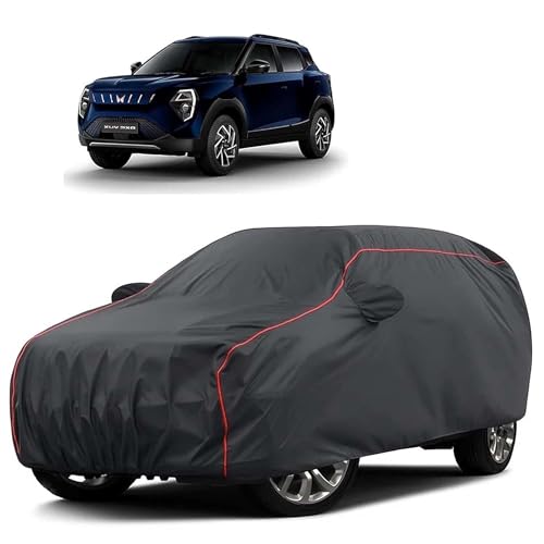 Image of Sulfar 100% Water Resistant Car Body Cover Compatible with Mirror for Mahindra XUV 3XO EV (Triple Stitched, Full Bottom Elastic, Dark Grey Tafetta with Red Piping)