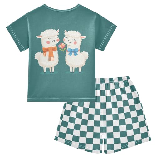 Checkerboard Plaid Llama Flower Teal Pajama Set Short Sleeve Pajamas Shorts Sets Cotton PJS 2 Piece Clothes Set 5Y2