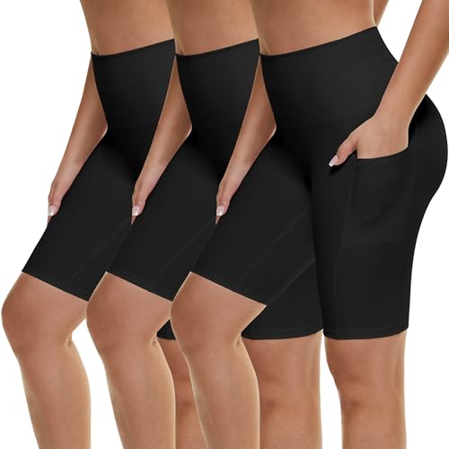 AMIYOYO 3 Pack Cycling Shorts Women with Pockets High Waist Black Gym Shorts Stretchy Running Yoga Workout Leggings