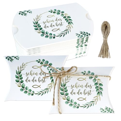 Mitibet 50 Pièces Boîtes à Dragées Baptême Communion, Boîte Cadeau Invité Mariage Poisson Eucalyptus Vert, avec Phrase Allemande Schön dass du da bist,...