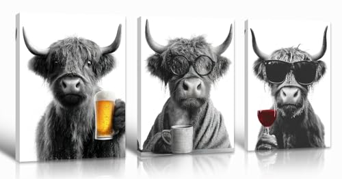 Funny Highland Cow Canvas Wall Art Black White Farmhouse Kitchen Decor