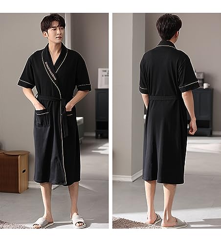 Men's Short Sleeve Bathrobe Lapel Bathrobe Cotton Loose Bathrobe with Pocket Belt2