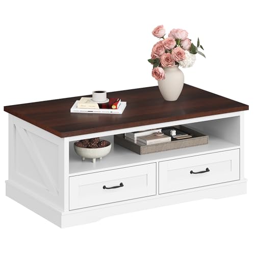 WLIVE Coffee Table for Living Room, 43" Framhouse Coffee Table with 2 Storage Drawers, Modern Center Table with Open Display Area, Elegant Curved Base, White